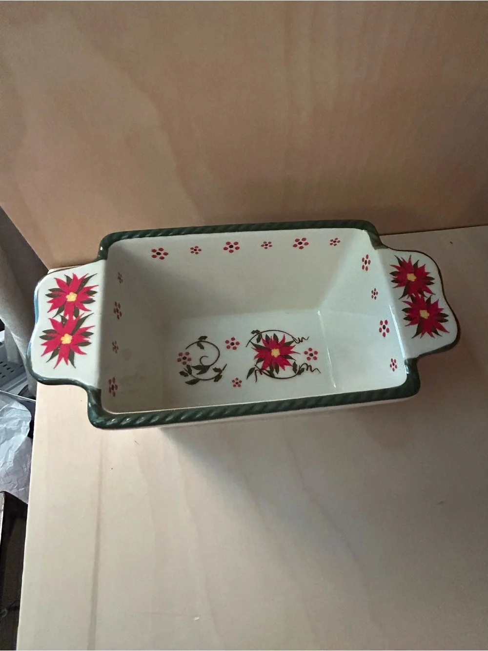 Temp-Tations Cream Ceramic Serving Baker with Red Floral and Green Trim